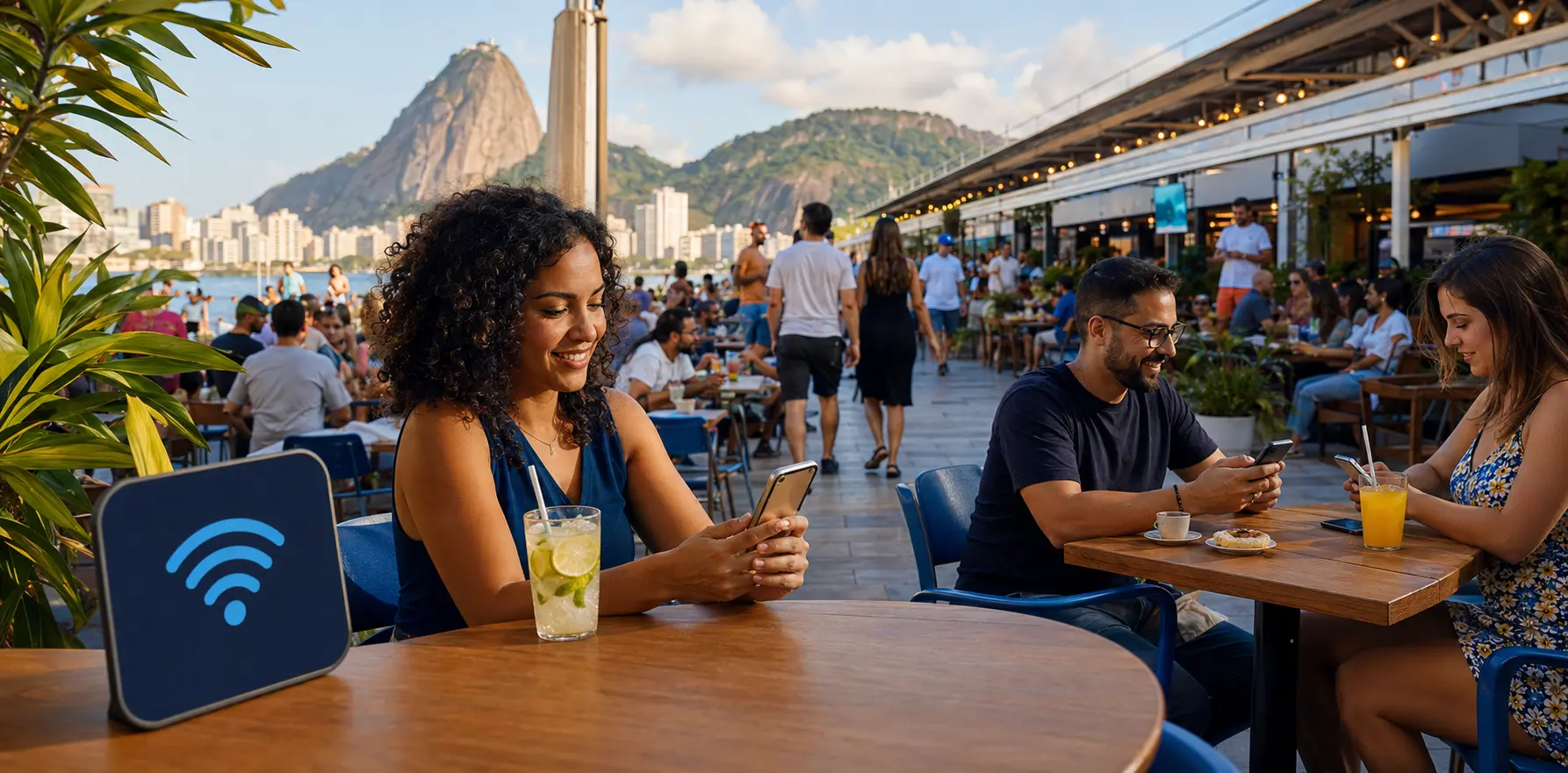 Pessoas usando celulares em um espaço comercial aberto com Wi-Fi disponível